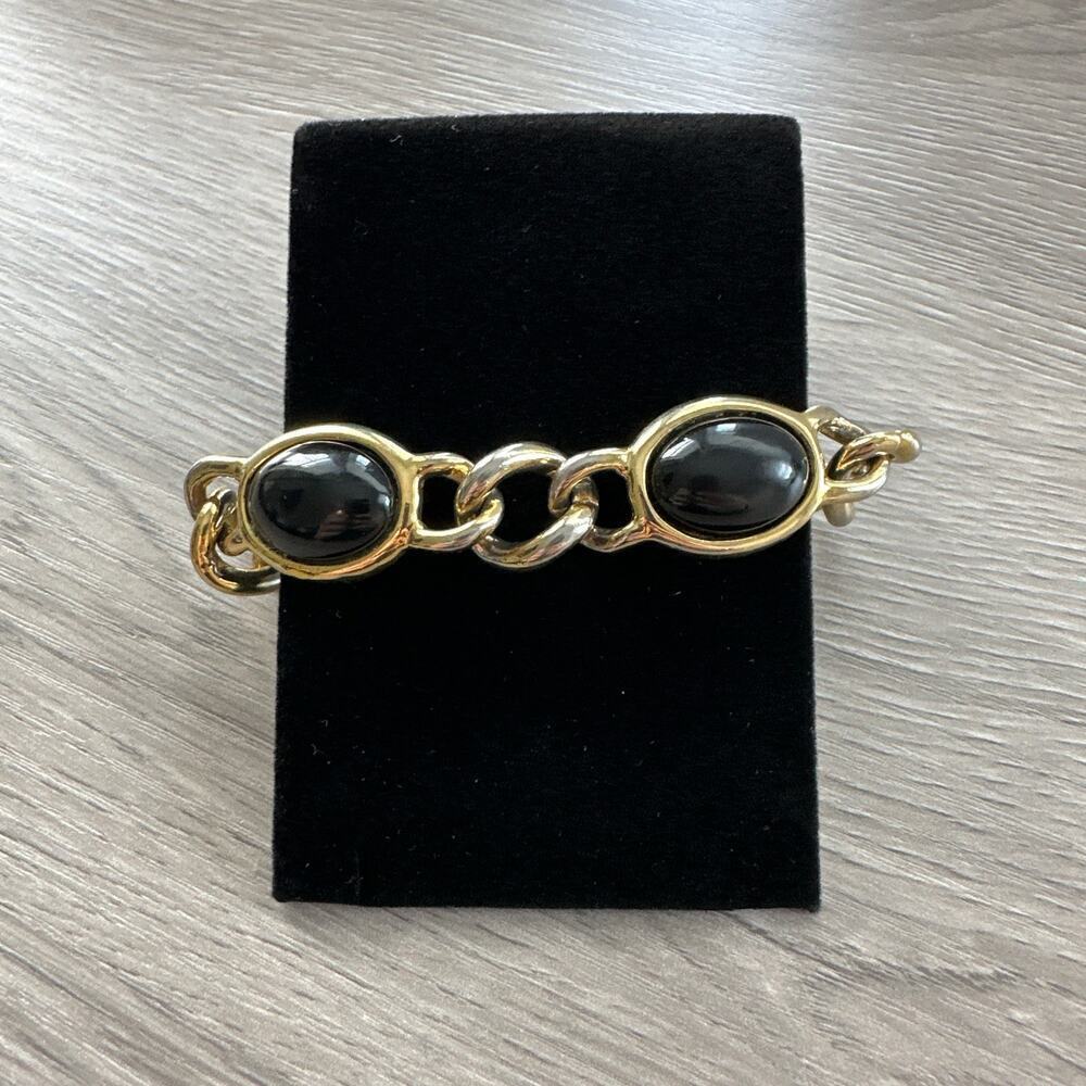 Gold Tone Link Bracelet Black Stones Rounded Ovals c 1950s Jewelry Cabochon - Picture 4 of 7